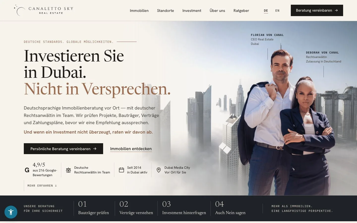 Der erste Bildschirm des Entwurfs: Investieren Sie in Dubai. Nicht in Versprechen.