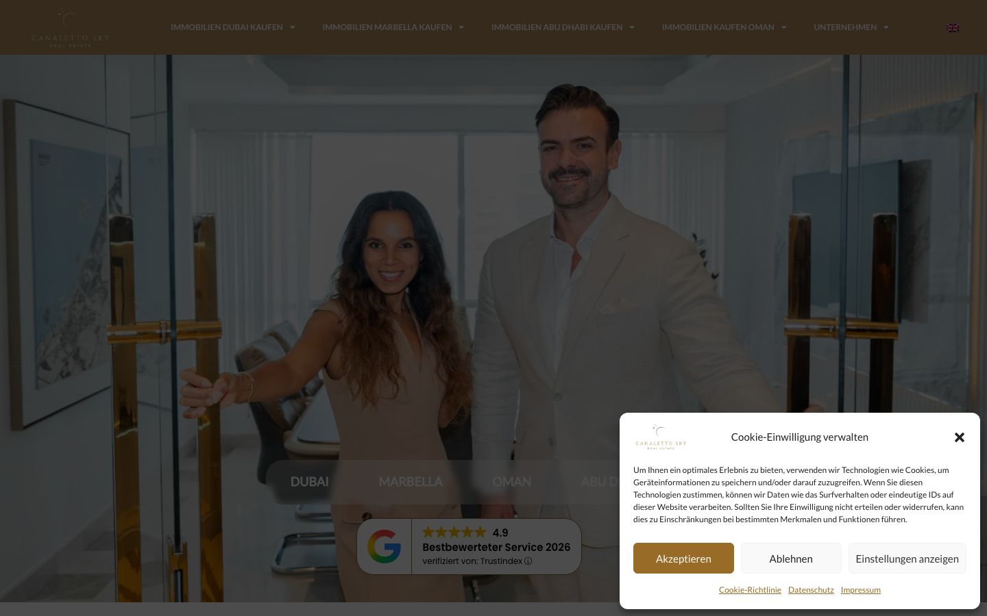 Die heutige Startseite von canalettosky.com mit Cookie-Fenster